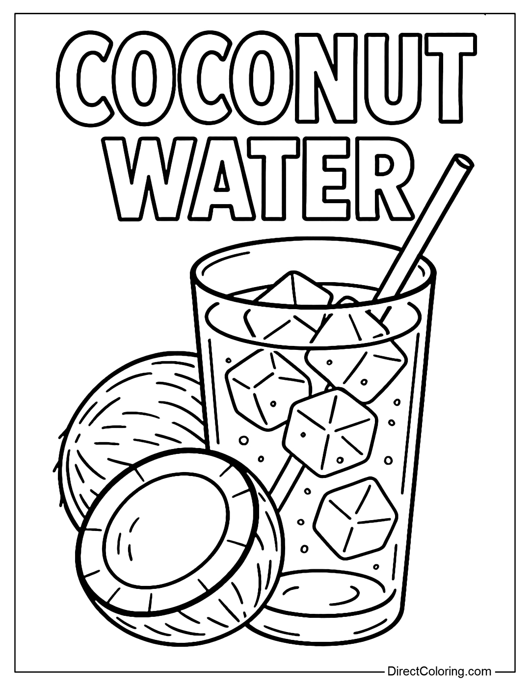 Vintage coconut juice poster coloring page with retro font and glass of coconut juice with ice.